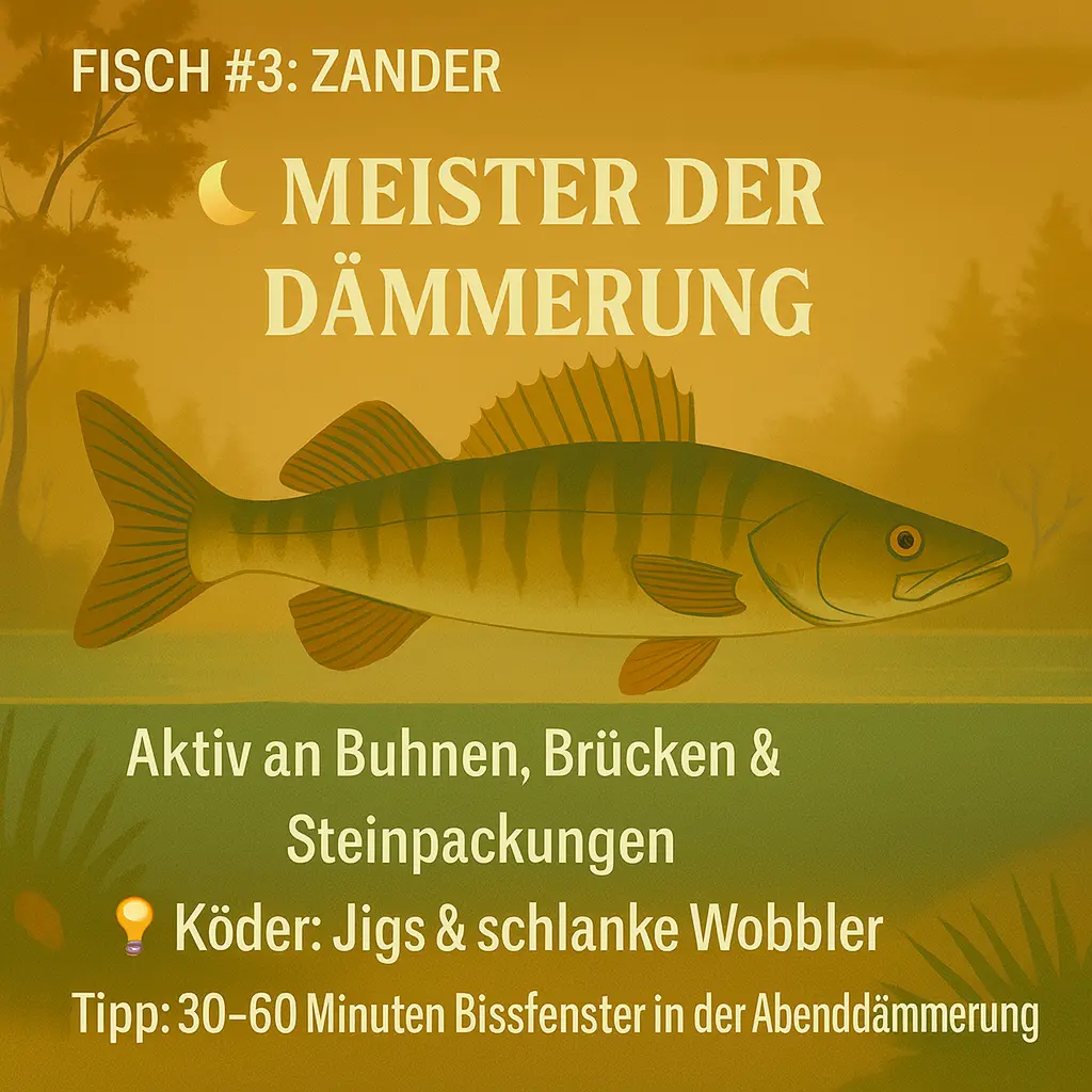 Zander im Halbdunkel – Symbol für Dämmerungsaktivität.