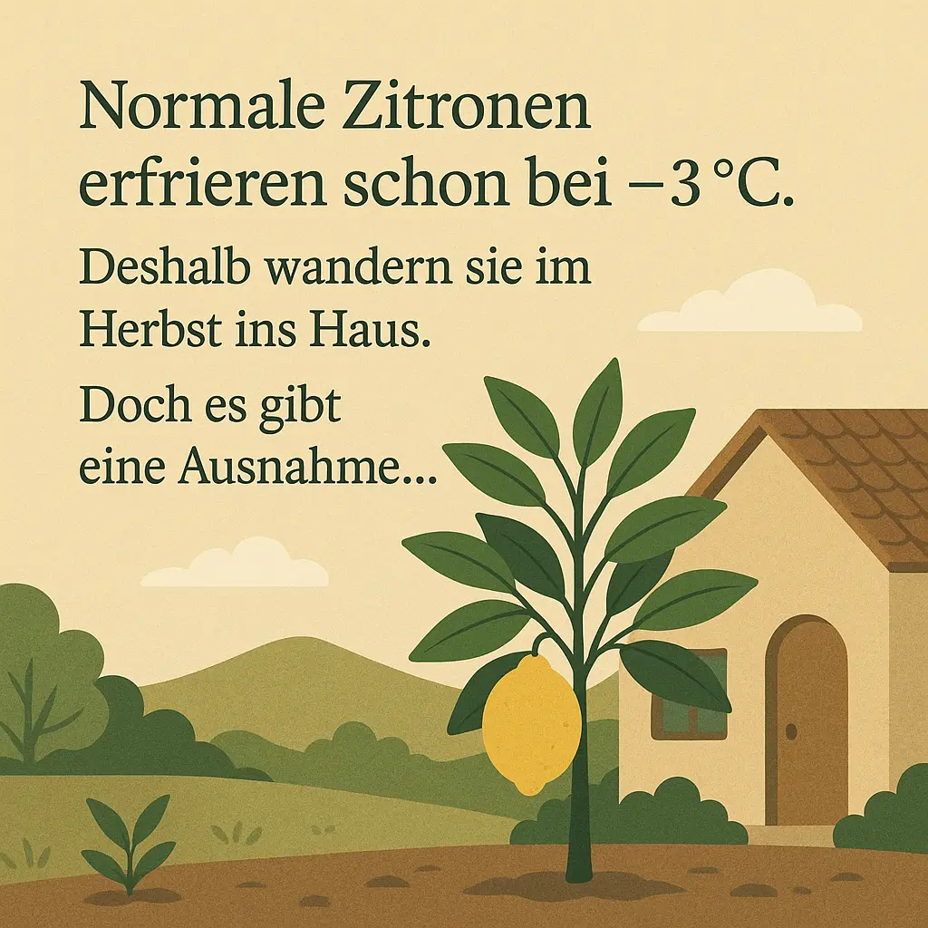 Zitronenbaum vor Haus im Herbst mit fallenden Blättern.