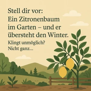winterharte Yuzu mit Früchten in Naturgarten vor Hügelkulisse.