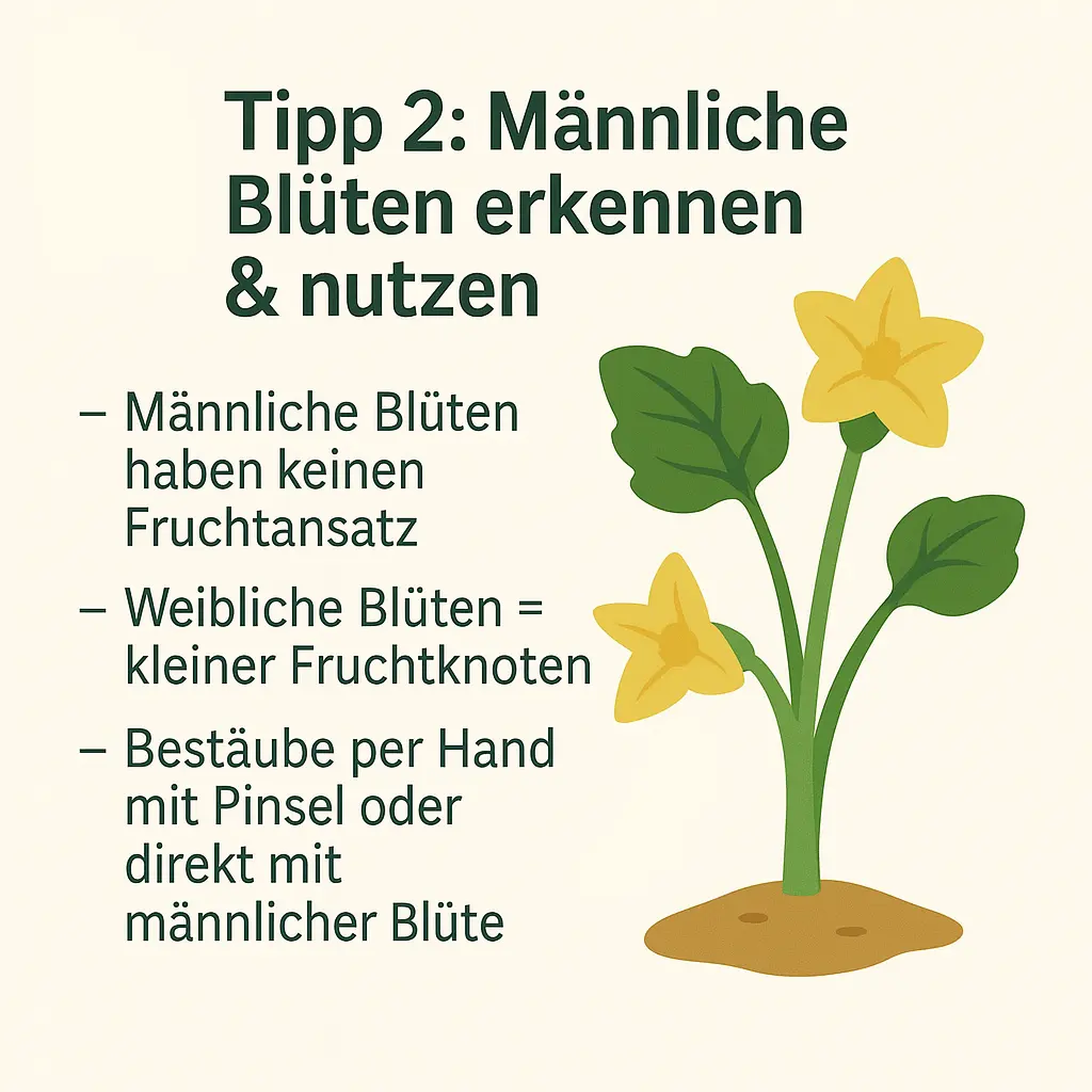 Illustration einer Zucchinipflanze mit männlichen und weiblichen Blüten.