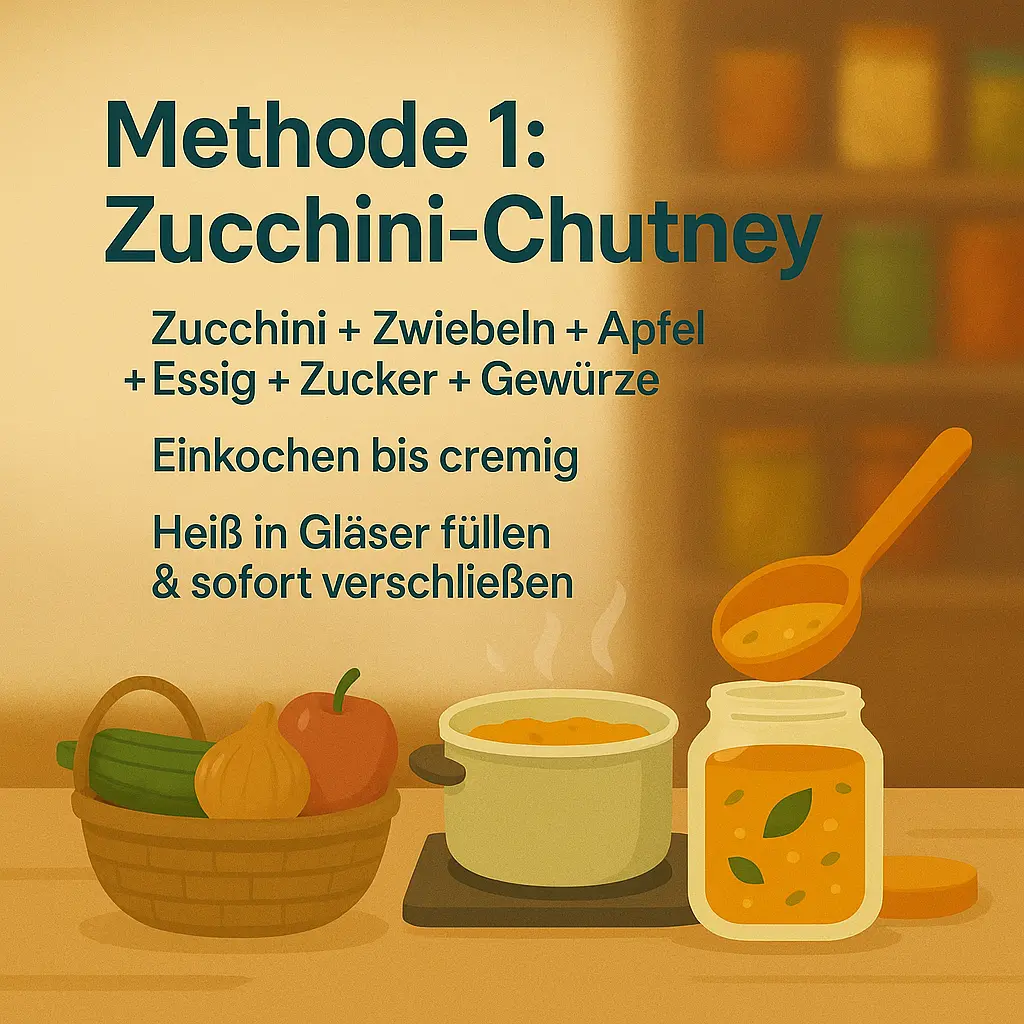 Zucchini-Chutney wird im Topf eingekocht und heiß in Gläser abgefüllt.