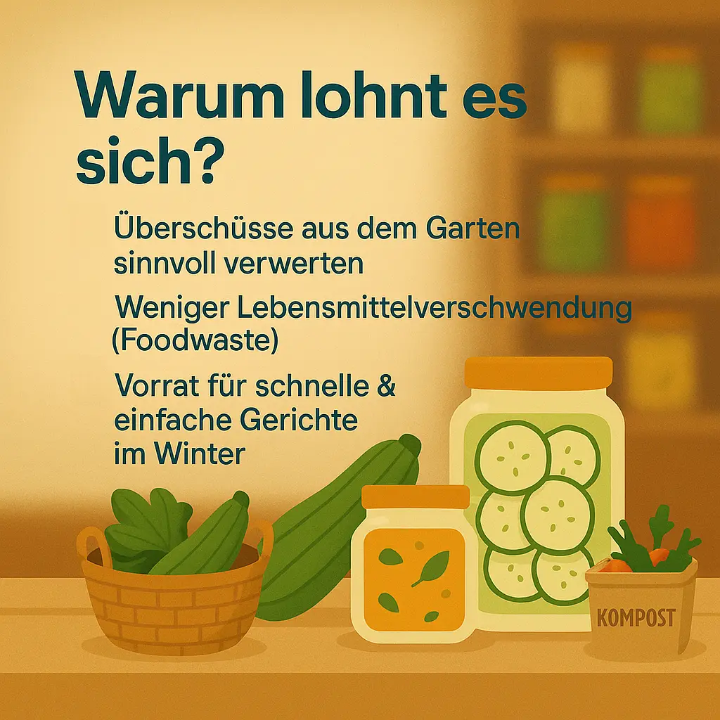 Zucchini und Einmachgläser als Symbol für Vorratshaltung und weniger Lebensmittelverschwendung.