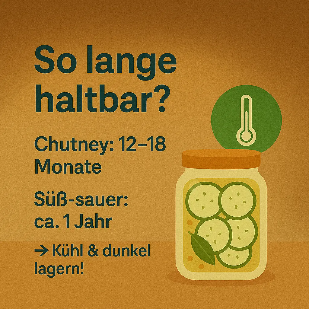 Glas mit eingelegten Zucchini und Symbol für Lagerung – Chutney bis 18 Monate, süß-sauer ca. 1 Jahr haltbar.