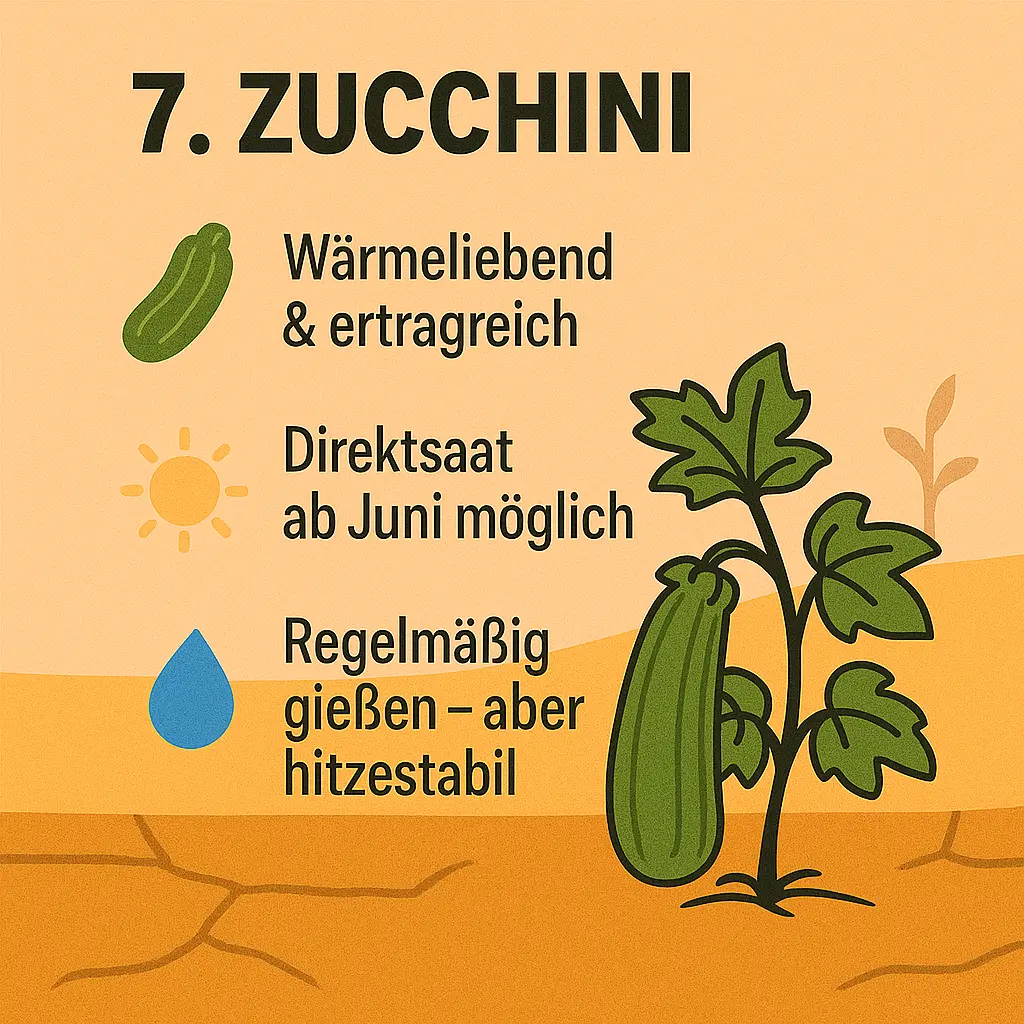 Illustration einer Zucchinipflanze auf trockenem Boden mit Symbolen für Sonne und Wasser.