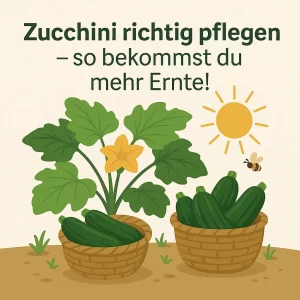 Zucchini pflegen -Illustration von Zucchinipflanzen mit Körben voller Früchte, Sonne und Biene.
