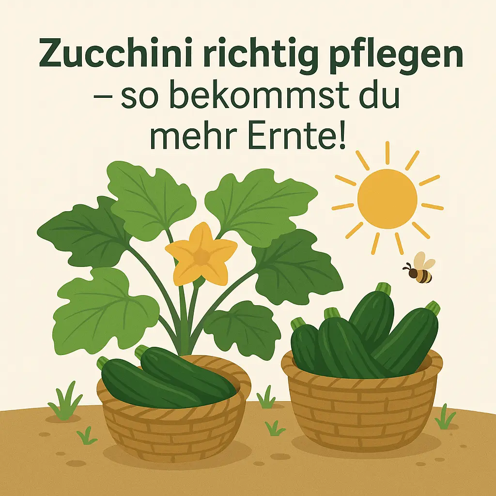 Zucchini pflegen -Illustration von Zucchinipflanzen mit Körben voller Früchte, Sonne und Biene.