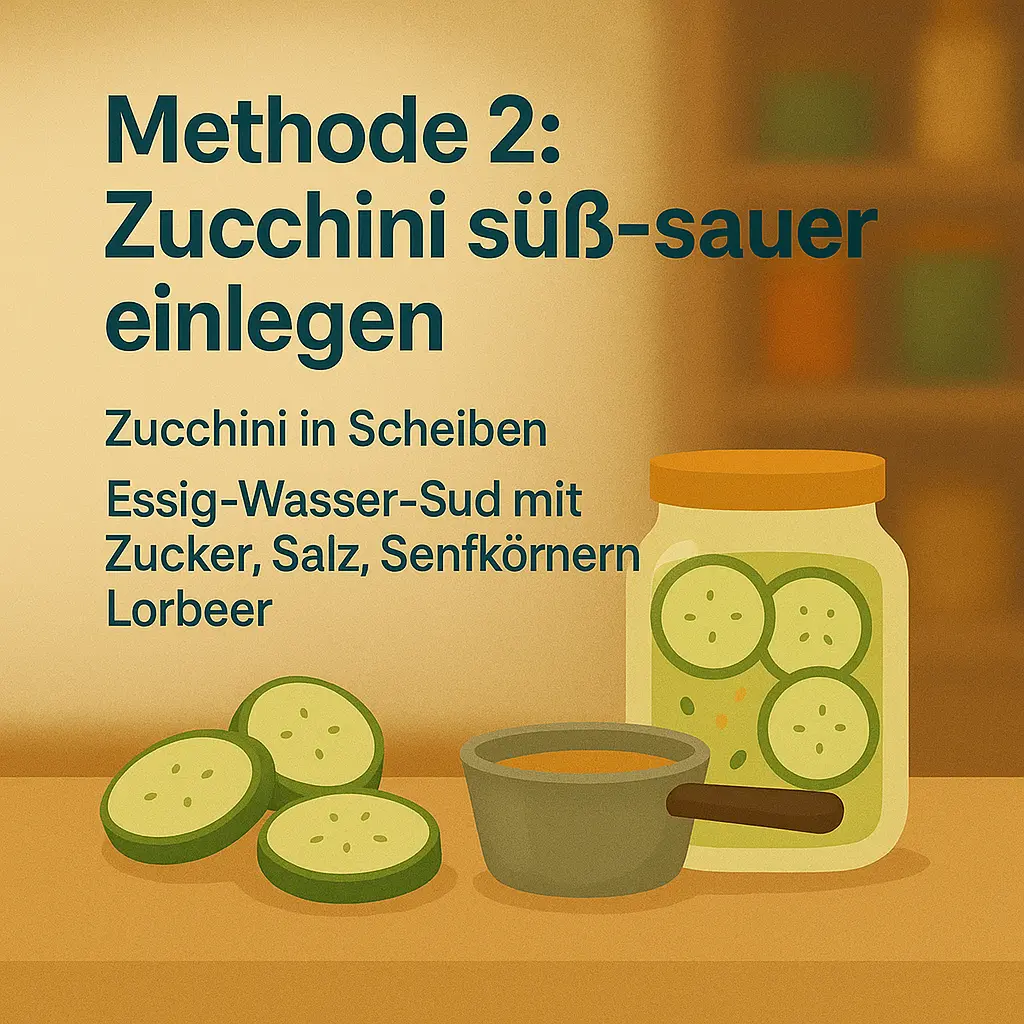 Zucchinischeiben im Glas mit Essigsud, Senfkörnern und Lorbeer – süß-sauer eingelegt.