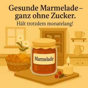 Glas Marmelade auf Holztisch mit Kerze und Brot im Hintergrund.