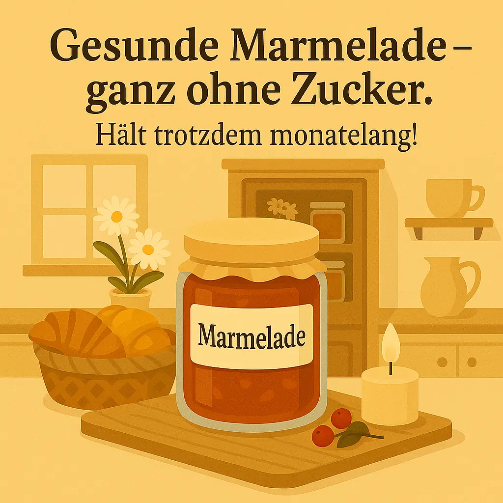 Glas Marmelade auf Holztisch mit Kerze und Brot im Hintergrund.