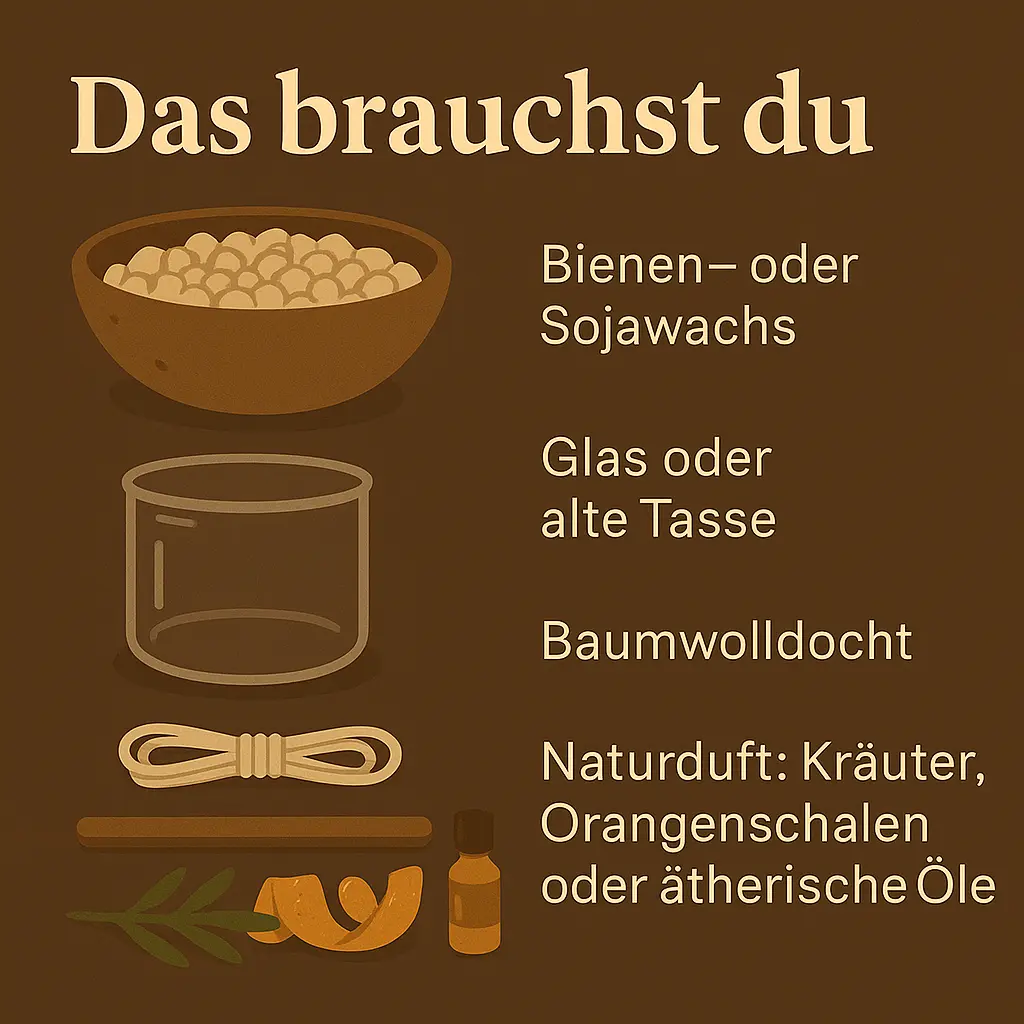 Bienenwachs, Glas, Baumwoll-Docht und ätherisches Öl als Zutaten für Naturkerzen.