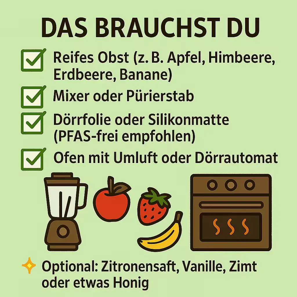 Zutaten und Geräte für Fruchtleder – Obst, Mixer, Dörrfolie und Backofen