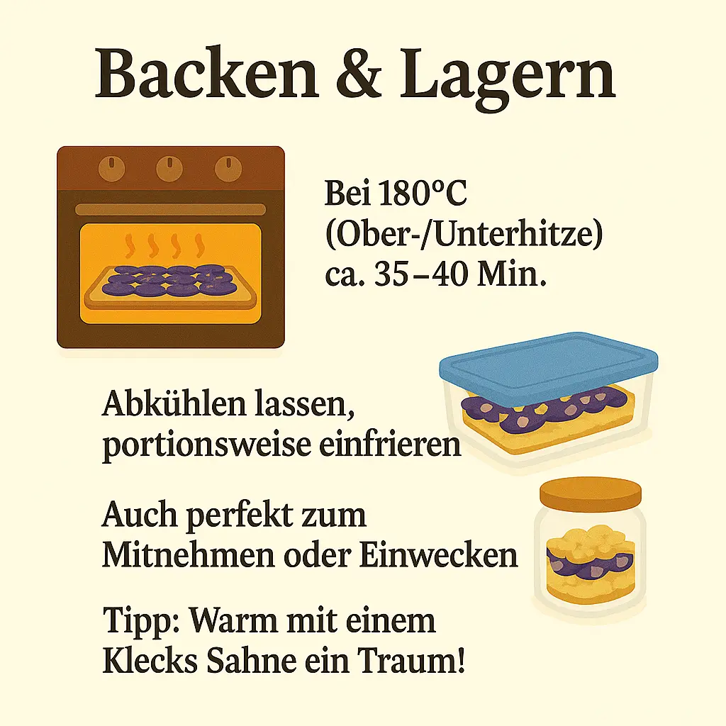 Zwetschgenkuchen im Ofen – haltbar gemacht durch Einfrieren oder Einwecken.