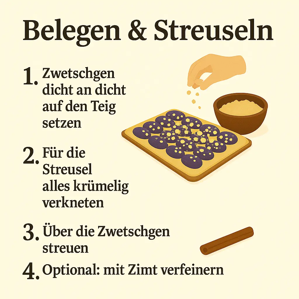 Hände streuen Streusel auf Zwetschgenkuchen – klassische Zubereitung.