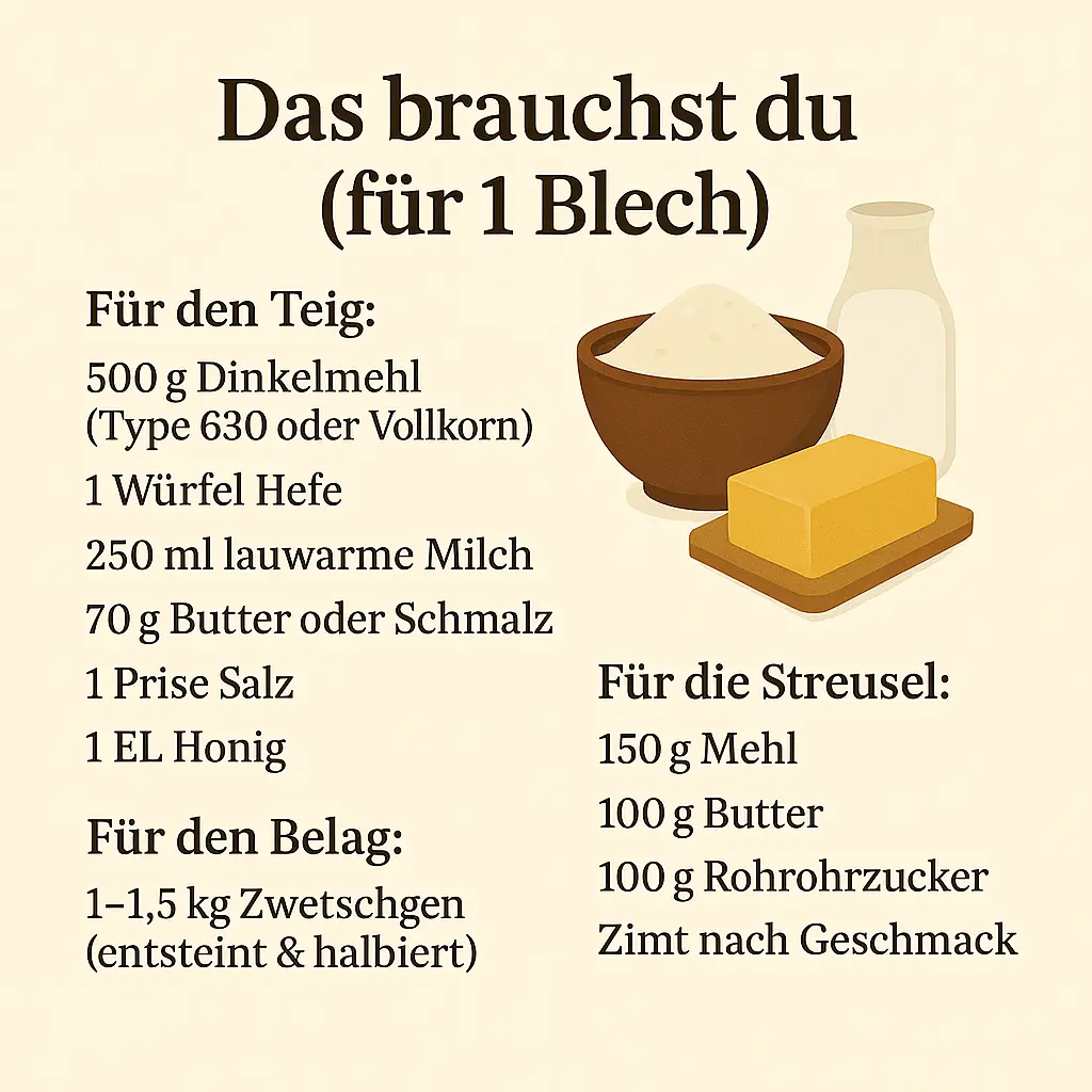 Zutaten für Zwetschgen-Blechkuchen – Dinkelmehl, Butter, Milch, Hefe und Zwetschgen.