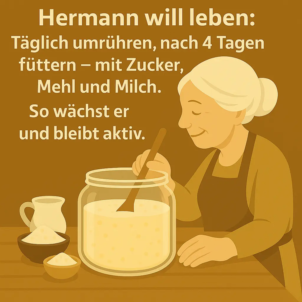 Frau rührt Hermann-Teig mit Holzlöffel um