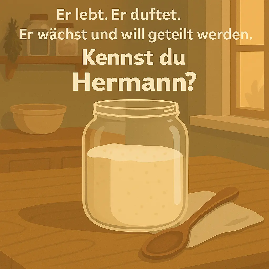 Glas mit Hermann-Teig auf Holztisch in heller Küche