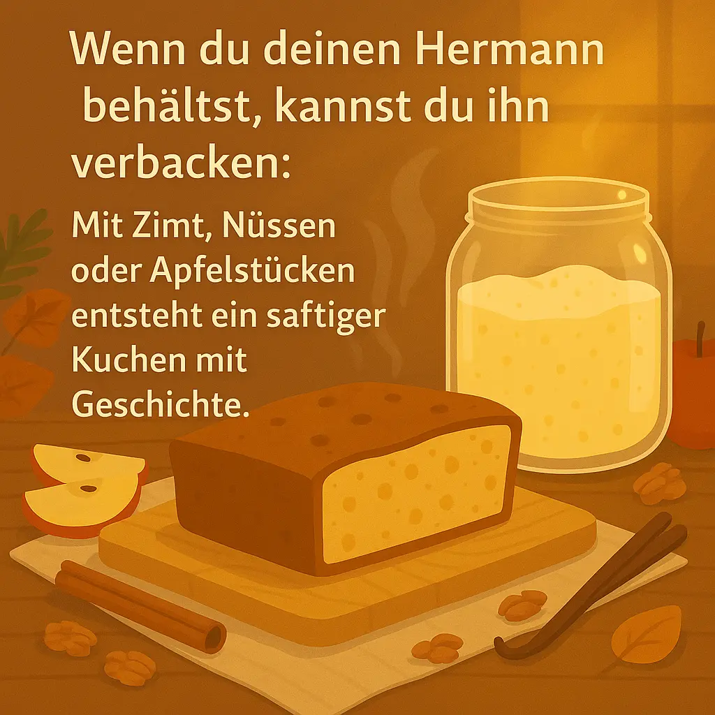Saftiger Kuchen und Glas mit Hermann-Teig daneben