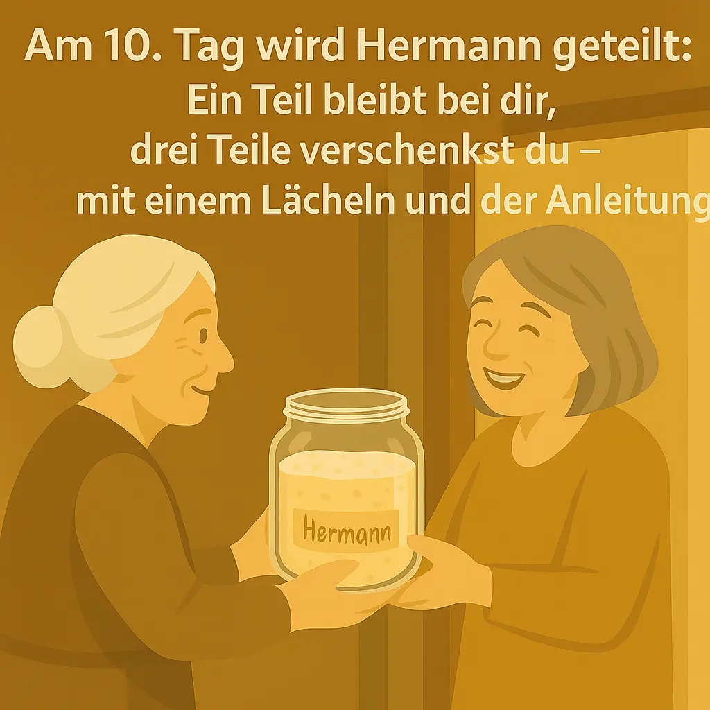 Frau übergibt Glas mit Hermann-Teig an Freundin