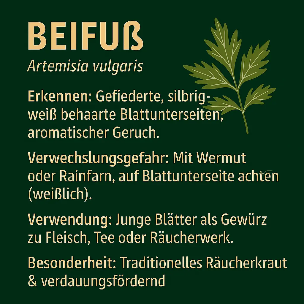 Infografik über Beifuß mit Erkennungsmerkmalen, Verwendung und Besonderheiten.
