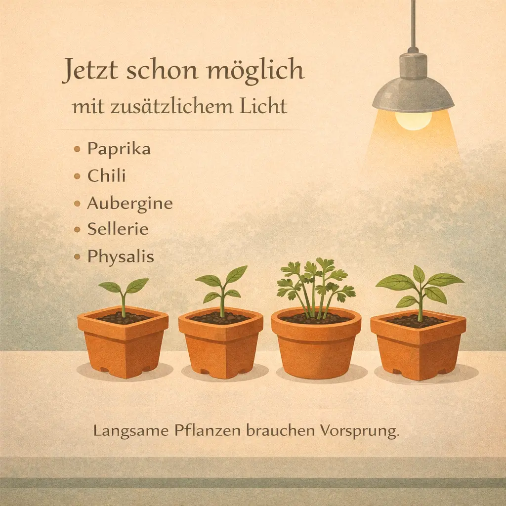 Gemüsepflanzen unter Pflanzenlampe im Winter