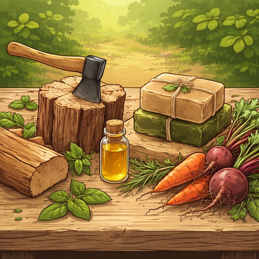 Illustration zu traditioneller Selbstversorgung mit Seife, Öl, Gemüse und Holz im ruhigen Flat-Stil