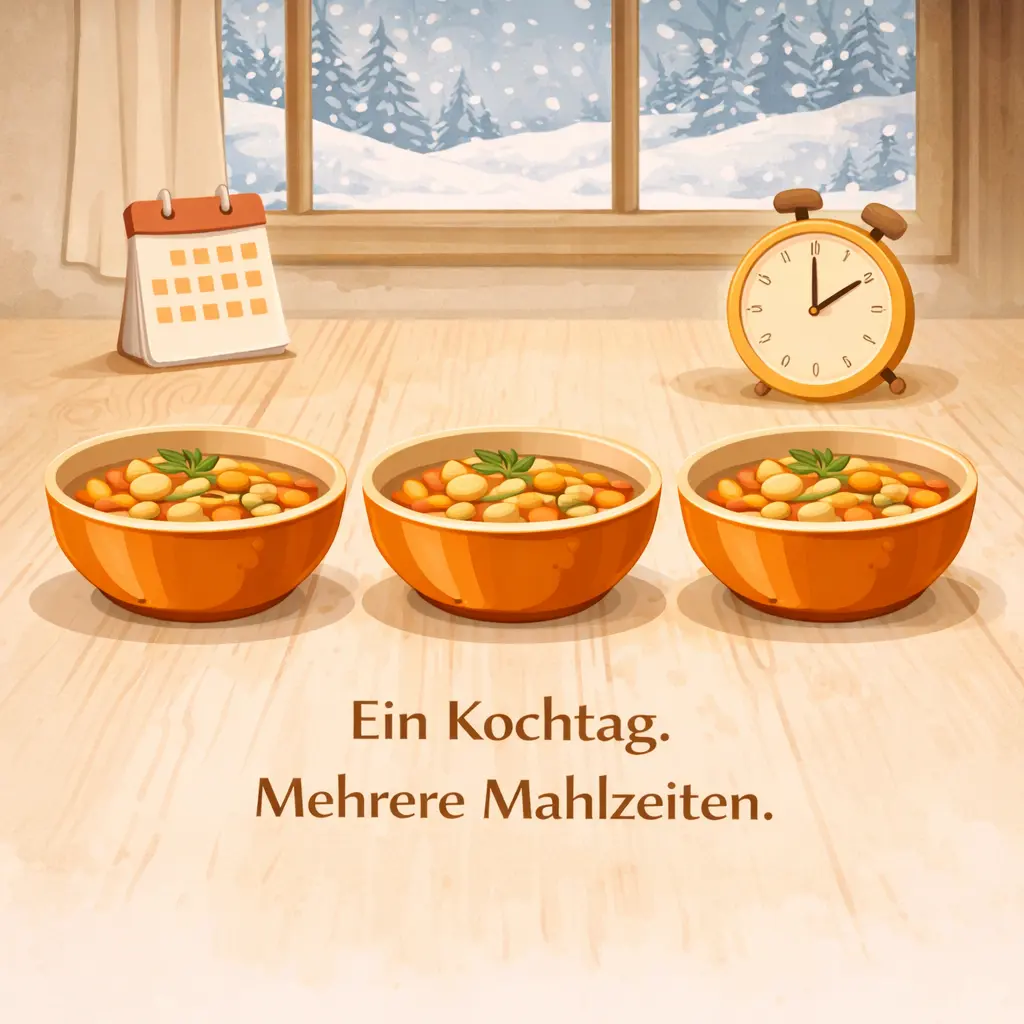 Drei Schüsseln Eintopf als Vorbereitung für mehrere Tage