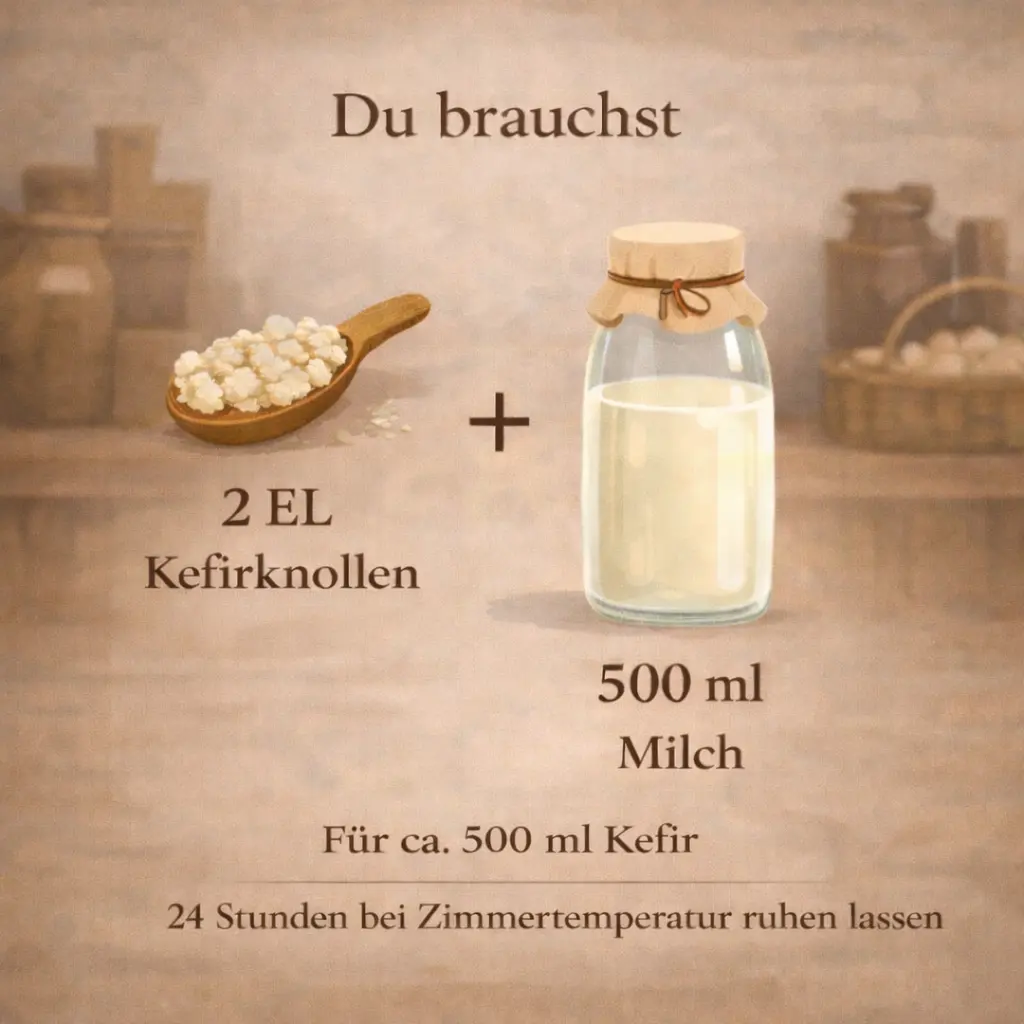 Kefirknollen und Milch für Kefirherstellung