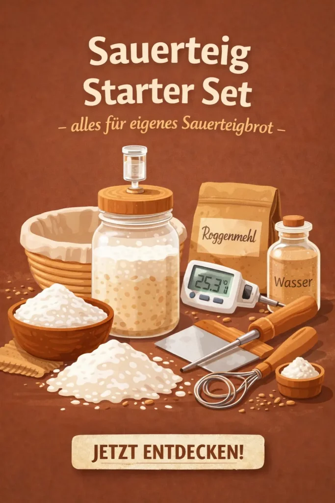 Illustration eines Sauerteig Starter Sets mit Gärkorb, Roggenmehl, Wasser, Glas mit Sauerteigansatz, Thermometer, Teigschaber und weiteren Backutensilien auf braunem Hintergrund.