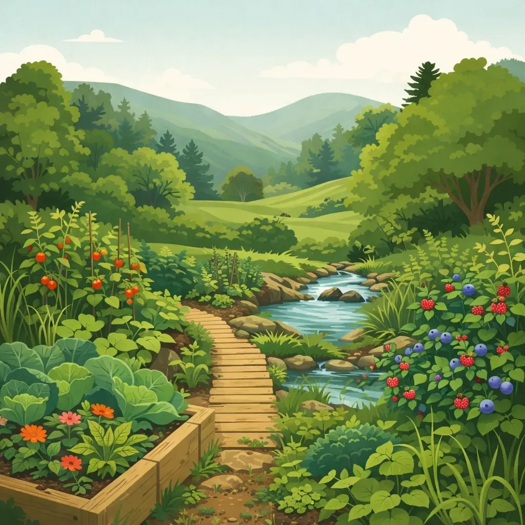 Permakultur Garten mit Mischkultur und natürlichem Wasserkreislauf als Illustration