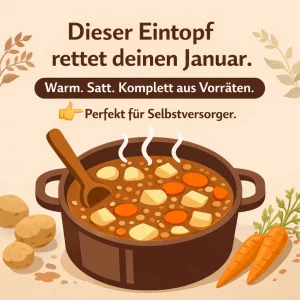 Herzhafter Vorrats-Eintopf mit Kartoffeln, Linsen und Wurzelgemüse im Kochtopf