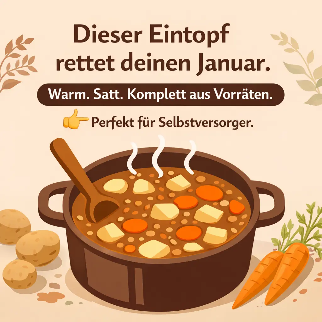Herzhafter Vorrats-Eintopf mit Kartoffeln, Linsen und Wurzelgemüse im Kochtopf