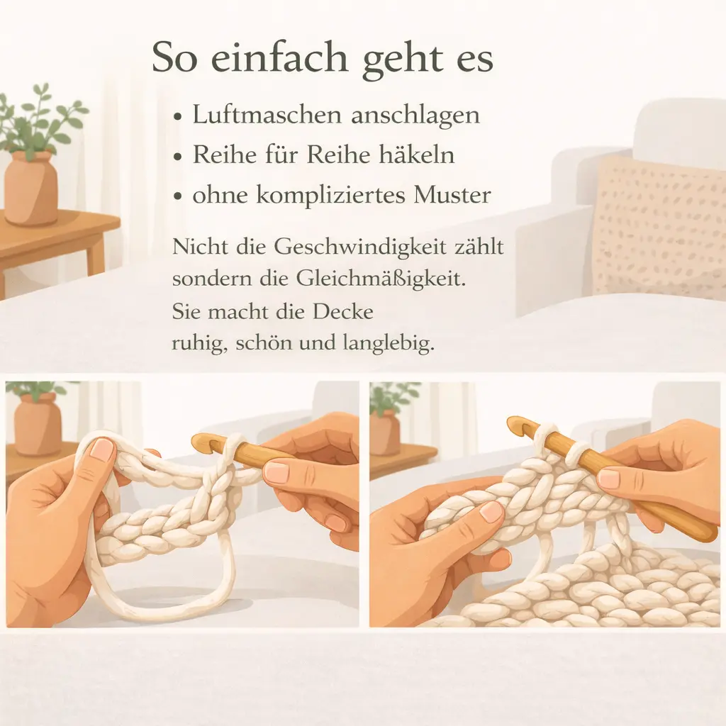 Einfache Häkelmaschen bei einer Wolldecke ohne Musterstress