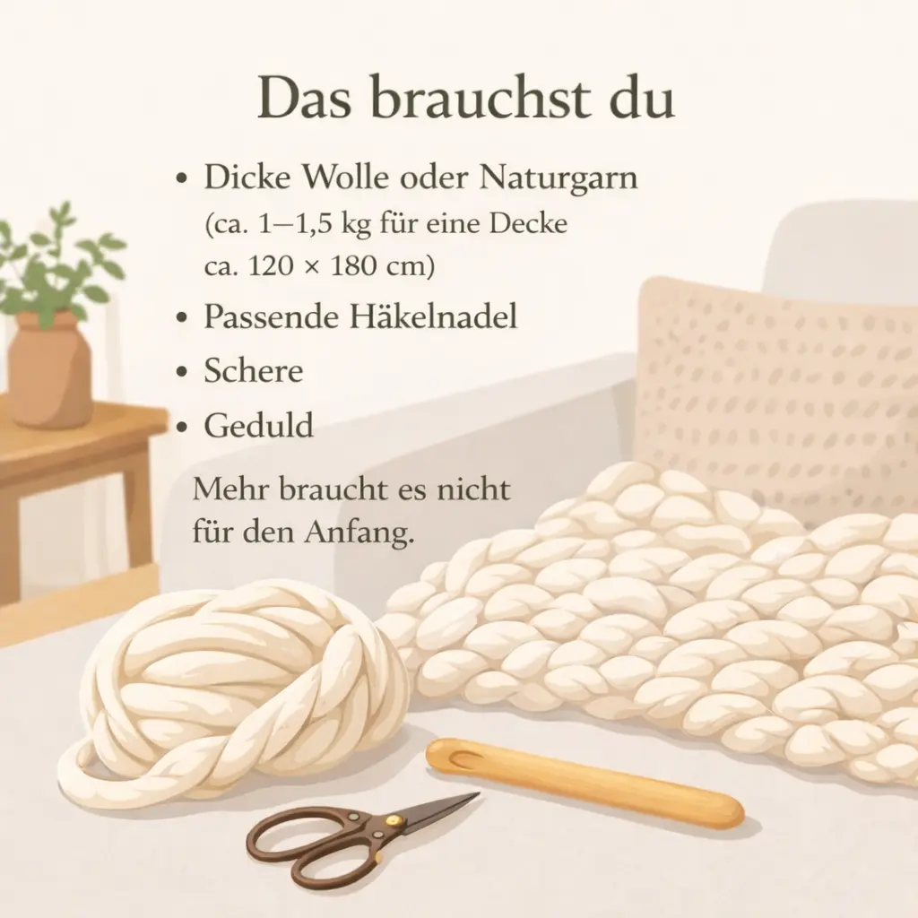 Material für eine selbst gehäkelte Wolldecke aus dicker Wolle