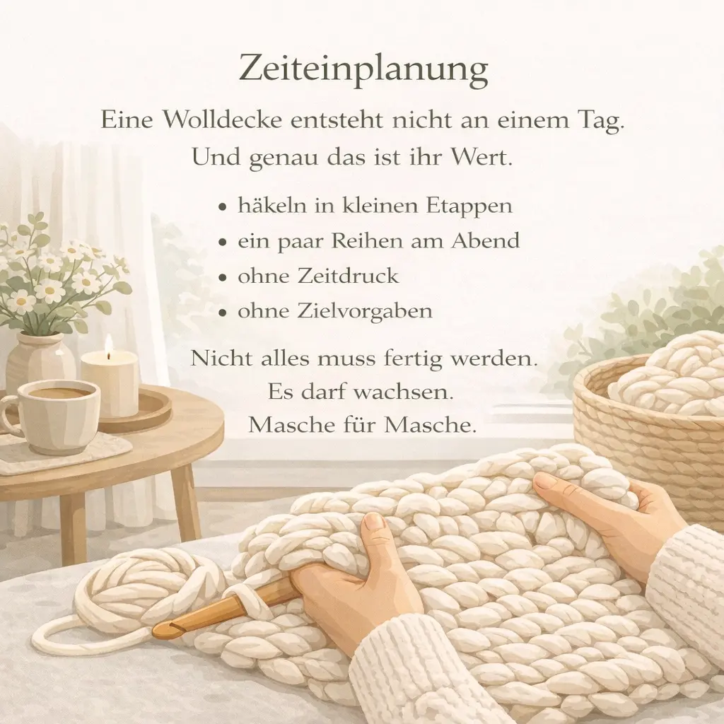 Häkeln einer Wolldecke in ruhigen Etappen ohne Zeitdruck