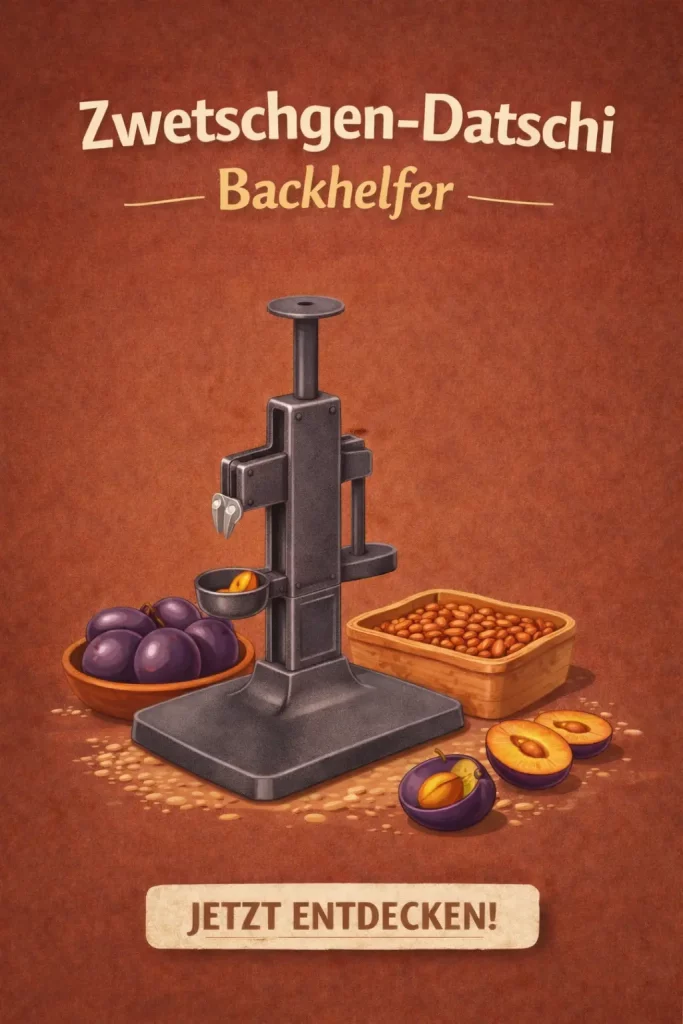Illustration eines Zwetschgen-Entkerners und Backzutaten für traditionellen Blechkuchen – perfekt für saftig-süßen Zwetschgendatschi wie vom Land.