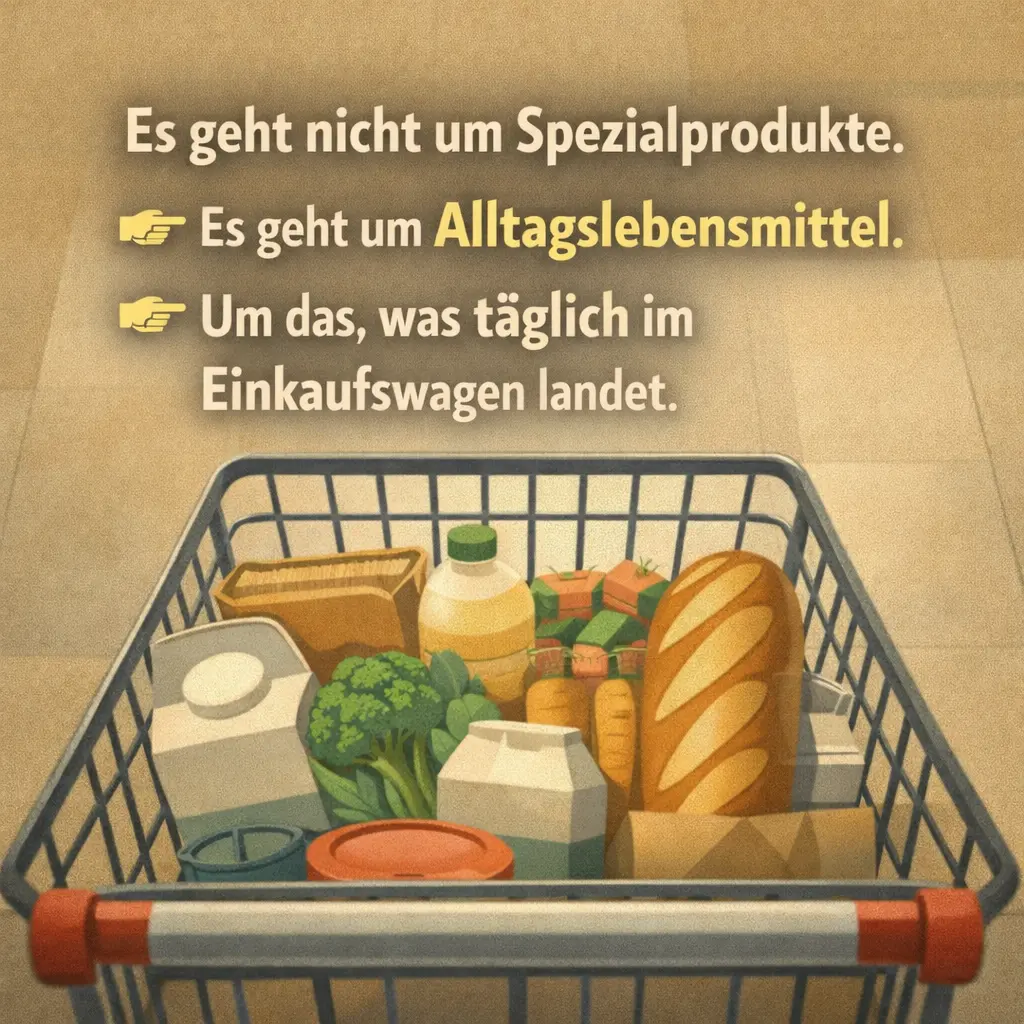 Einkaufswagen mit Brot, Milch und Gemüse als Symbol für Alltagslebensmittel