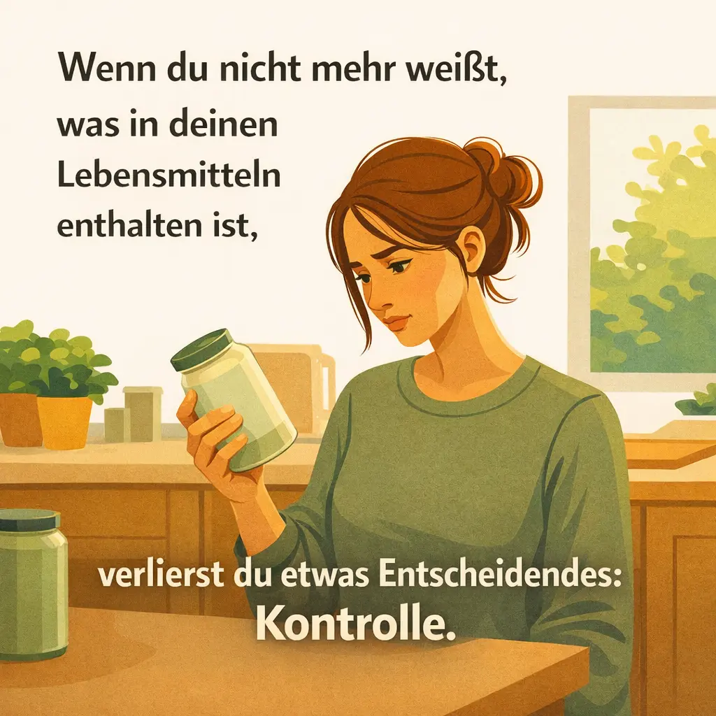 Person liest Etikett und wirkt unsicher beim Einkauf