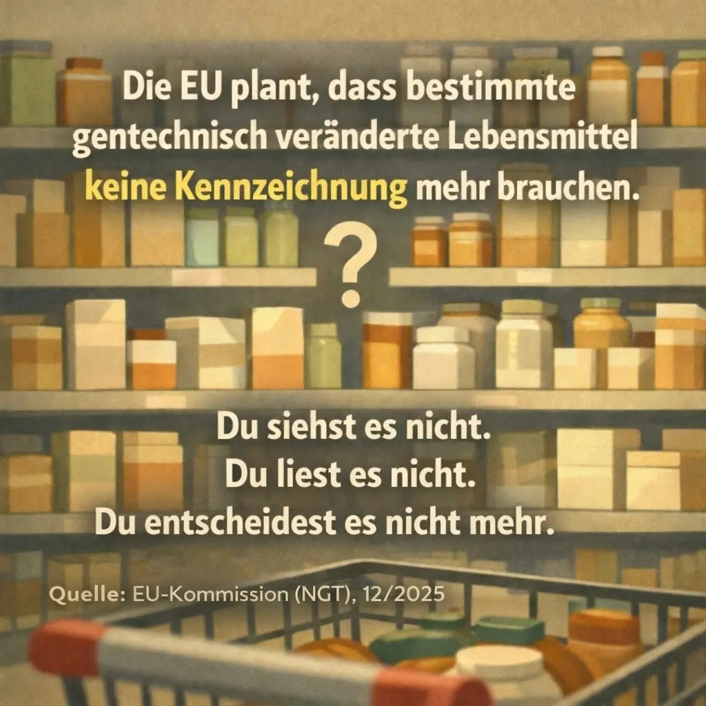 Regal mit Lebensmitteln und Fragezeichen zur Kennzeichnung in der EU