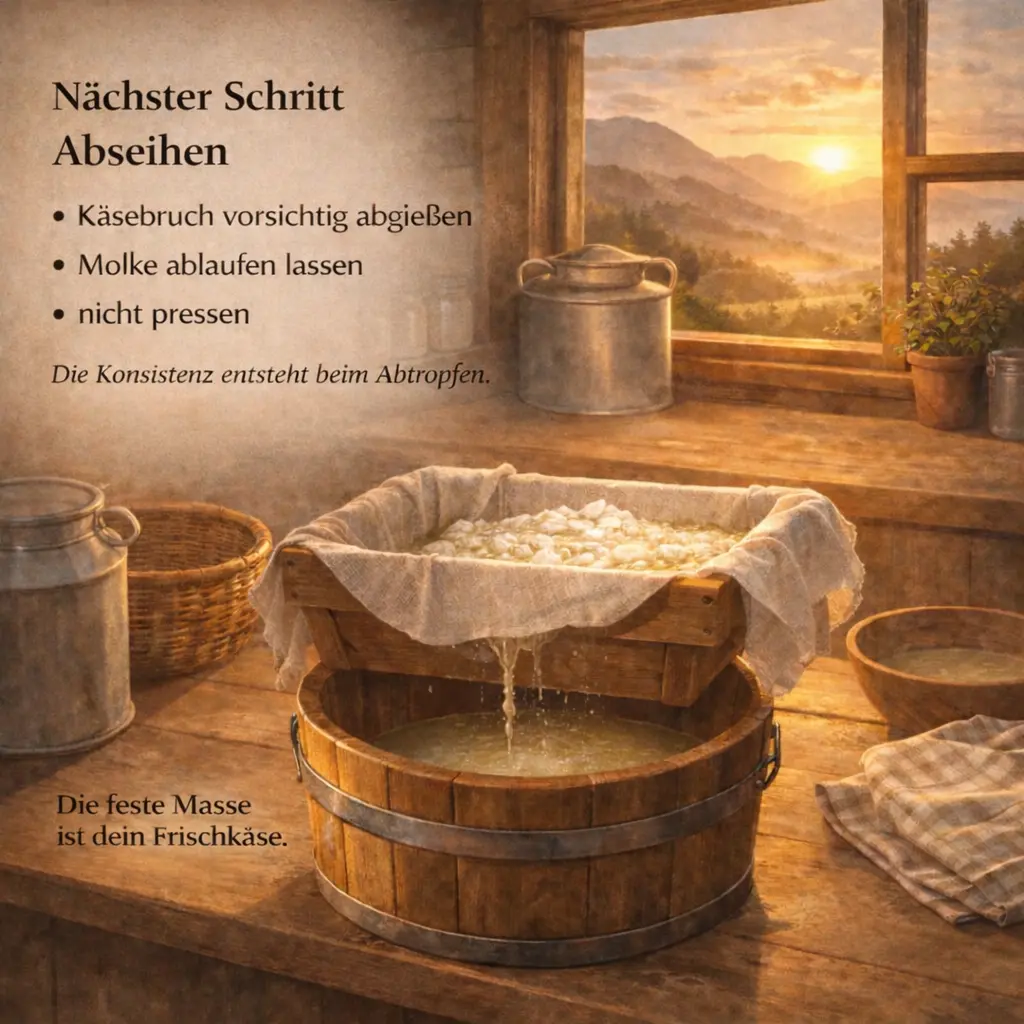 Käsebruch wird in einem Tuch von Molke getrennt