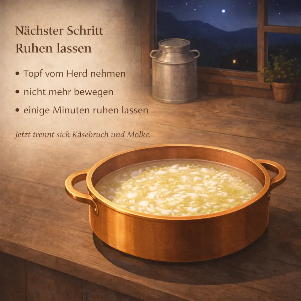 Milch ruht im Topf während sich Käsebruch und Molke trennen