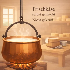 Frischkäseherstellung im Topf über offenem Feuer in traditioneller Küche