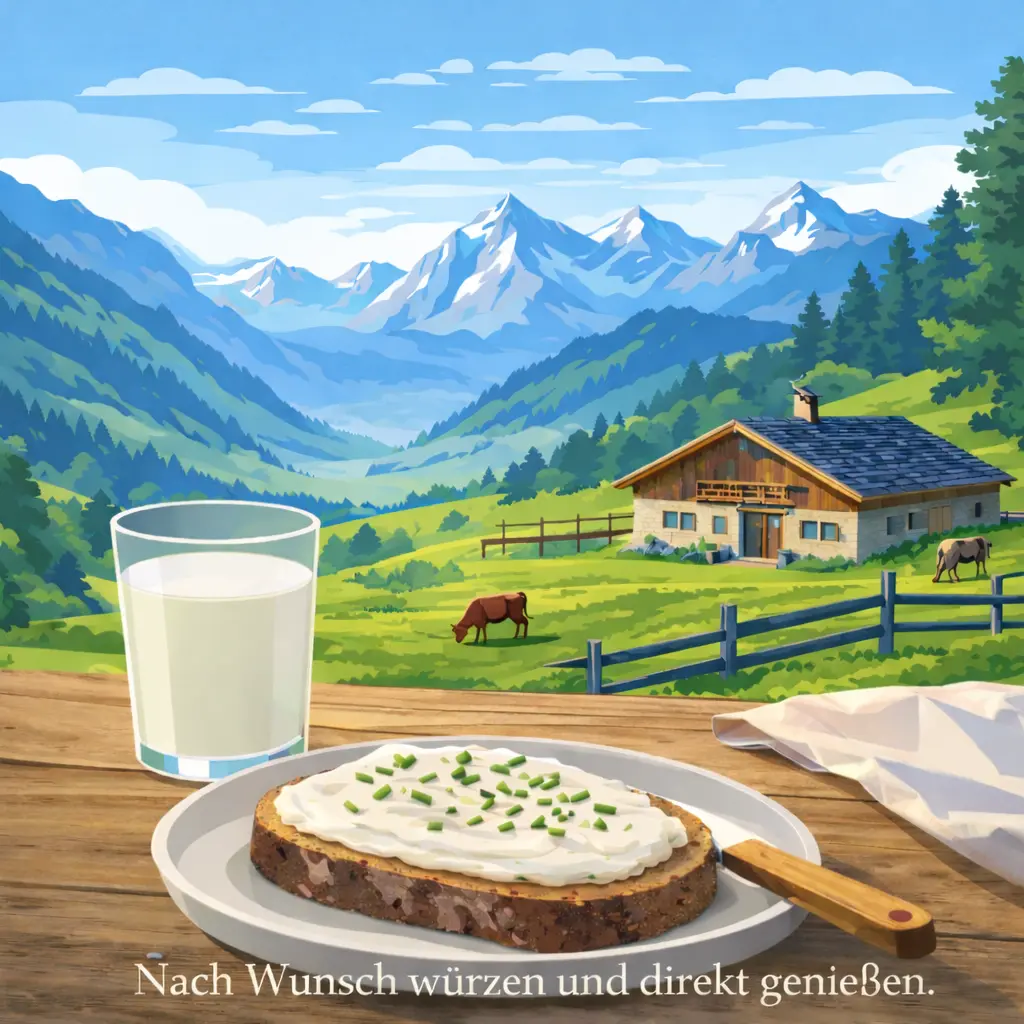 Frischkäse auf Brot angerichtet mit Kräutern in ländlicher Umgebung