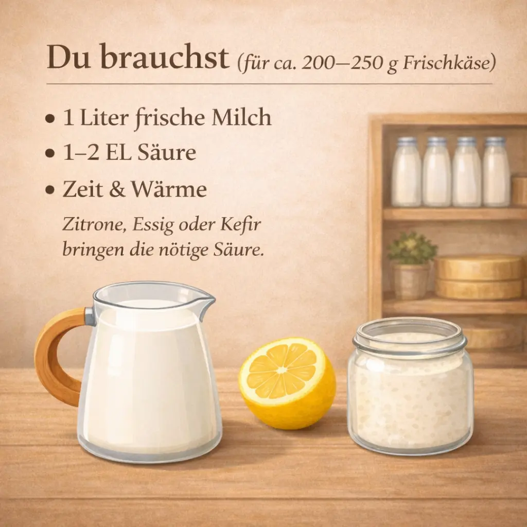 Milch, Zitrone und Glas als Zutaten für selbstgemachten Frischkäse