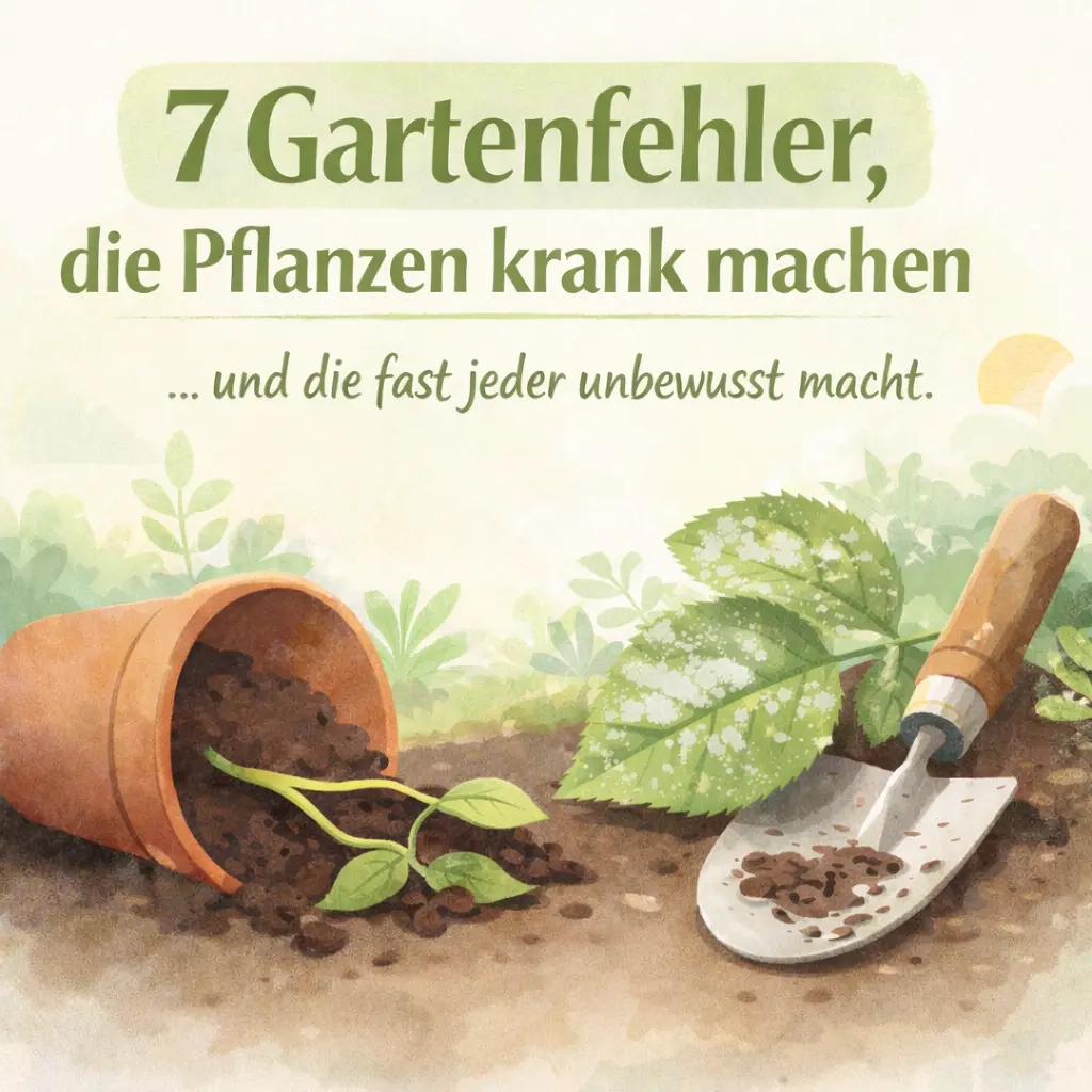 Illustration eines umgekippten Blumentopfs mit Jungpflanze als Symbol für typische Gartenfehler und Pflanzenschwäche