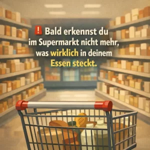 Supermarktregal mit Einkaufswagen als Symbol für fehlende Transparenz bei Lebensmitteln