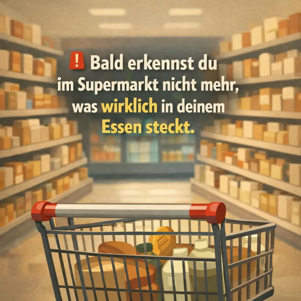 Supermarktregal mit Einkaufswagen als Symbol für fehlende Transparenz bei Lebensmitteln