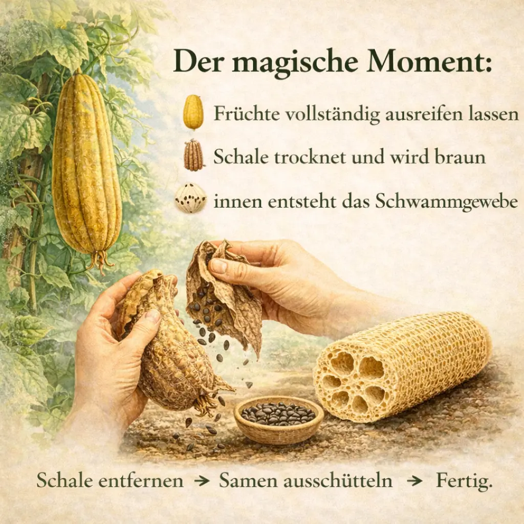 Reife Luffa Frucht geöffnet mit Schwammgewebe und Samen