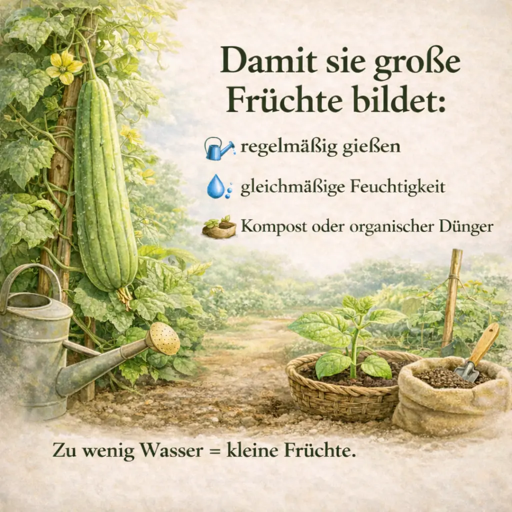 Luffa Pflanze mit Kompost und gleichmäßiger Bewässerung