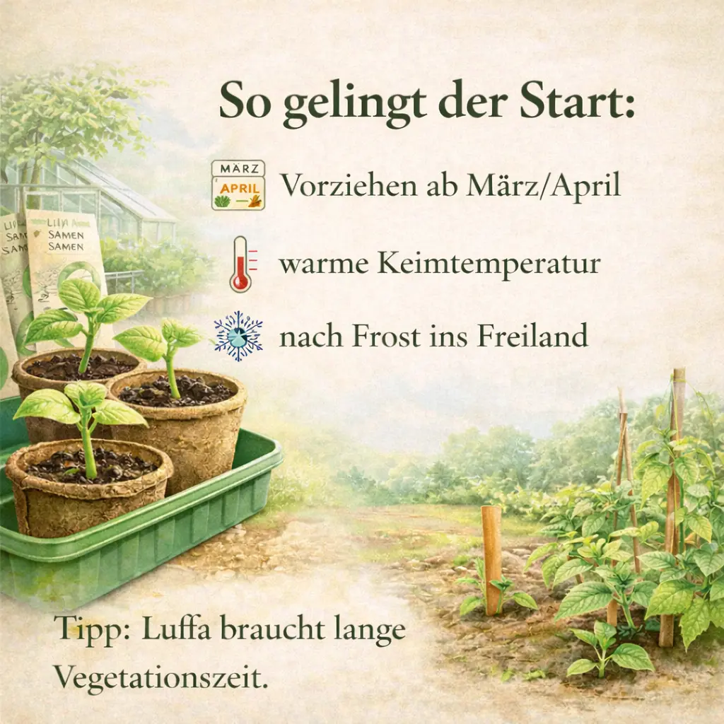 Luffa Jungpflanzen in Töpfen beim Vorziehen