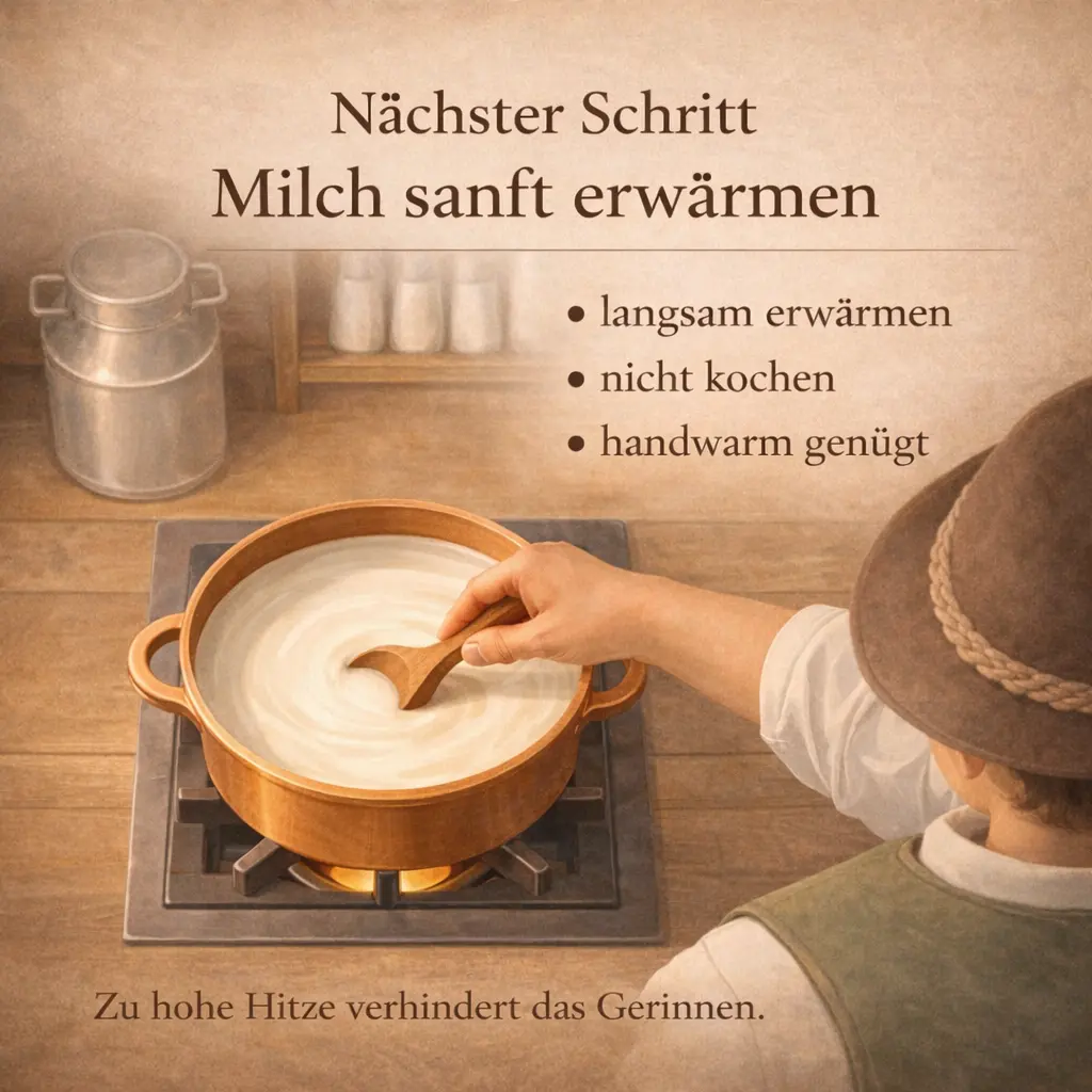 Milch wird langsam im Topf erwärmt für Frischkäseherstellung